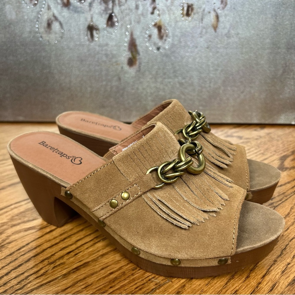 Baretraps | Sparrow Leather Fringe Studded Open Toe Chunky Slip On Heels Size 6